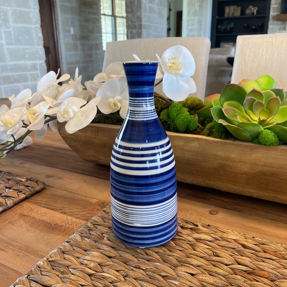 West Elm Blue and White Striped Accent Vase, Preppy, Nautical, Coastal